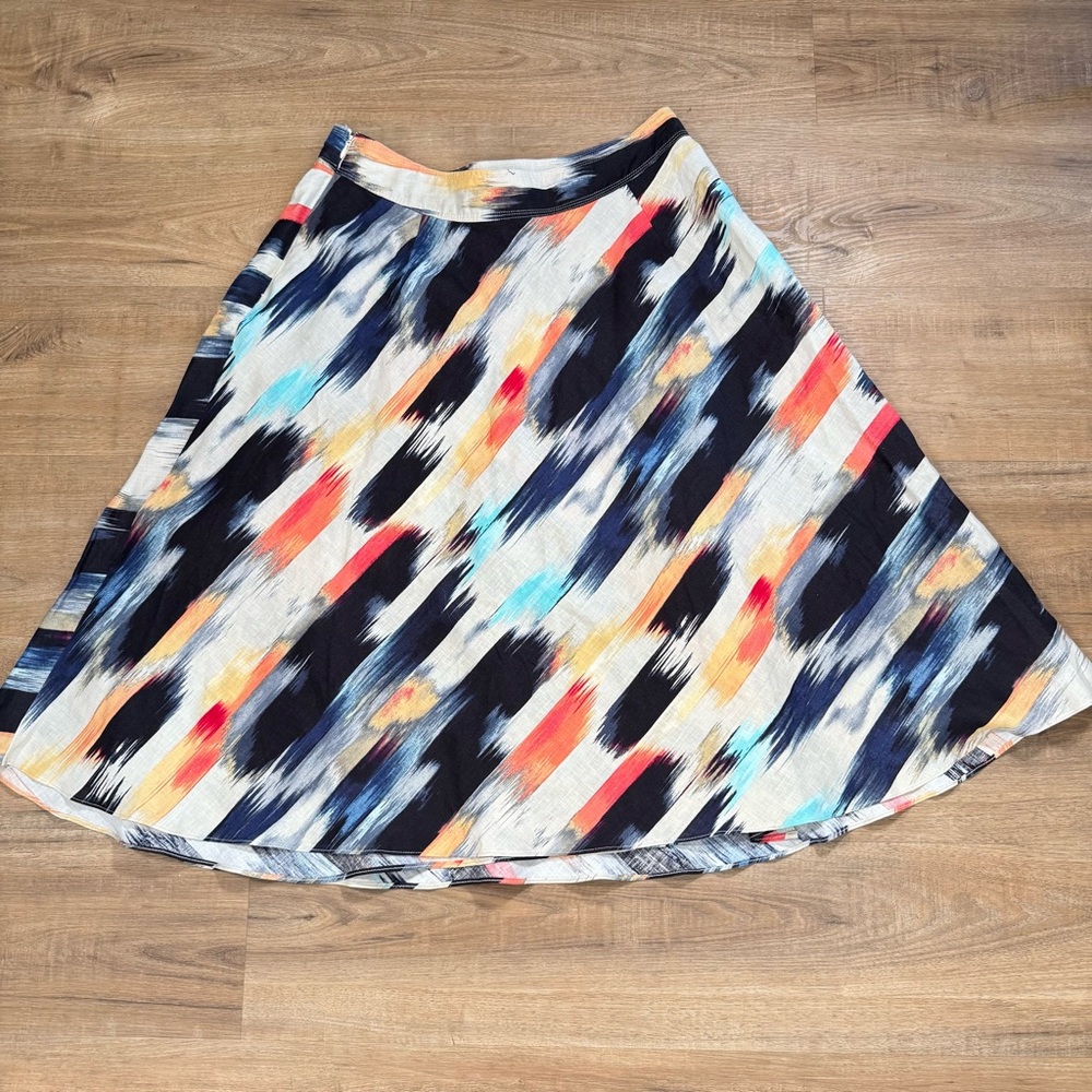 DKNY 100% Linen Paintbrush Strokes Midi Skirt Faux Wrap A Line Artsy 12 - Picture 4 of 10